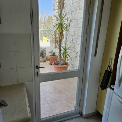 דלת זכוכית עם עציצים במרפסת