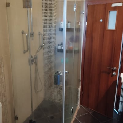 shower with glass doors and shelves with products