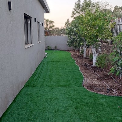 דשא סינתטי, עצים, צינורות השקיה, גדר עץ