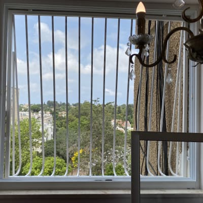 חלון עם סורגים לבנים ונוף חיצוני