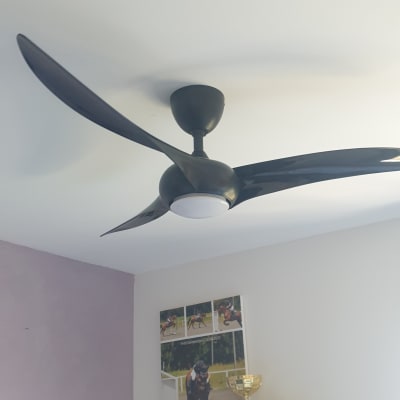 מאוורר תקרה שחור עם שלוש כנפיים מותקן על תקרה לבנה