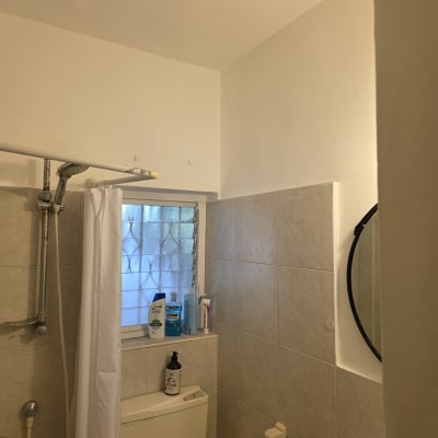 קירות צבועים בחדר אמבטיה עם מקלחת