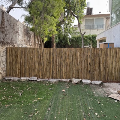 גדר עץ עם עצים ודשא בחצר