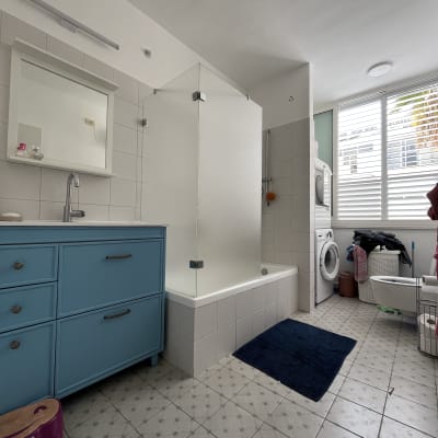 חדר אמבטיה עם מקלחון, כיור וכביסה