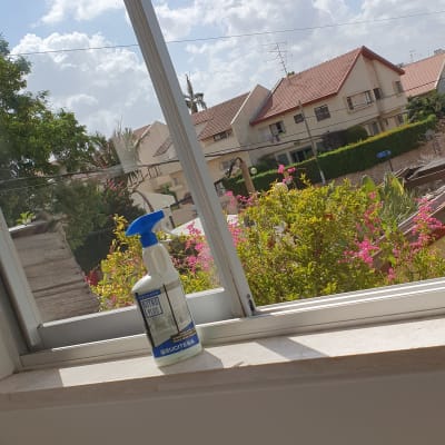 בקבוק תרסיס ניקוי חלונות על אדן חלון פתוח