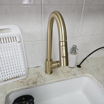 ברז זהב מותקן בכיור מטבח עם מתקן סבון