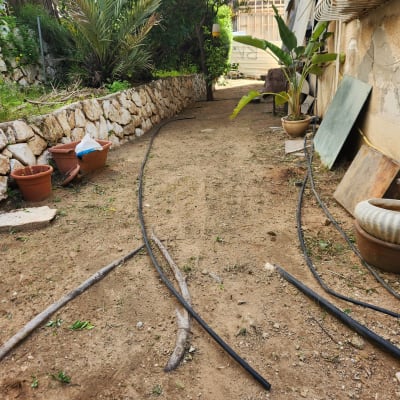 צינורות השקיה על אדמה עם עציצים