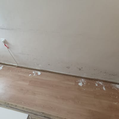 קיר עם כתמי עובש וכתמי צבע על הרצפה