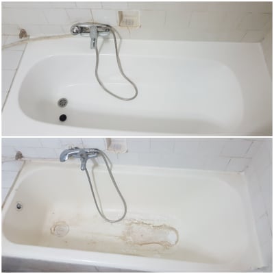 אמבטיה לפני ואחרי ניקוי עם ברז ומקלחת יד
