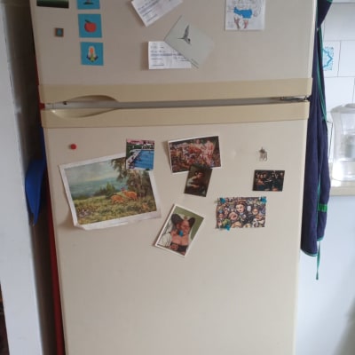 מקרר עם מגנטים ותמונות על הדלת