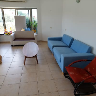 ספה כחולה ושולחן עץ בסלון מואר