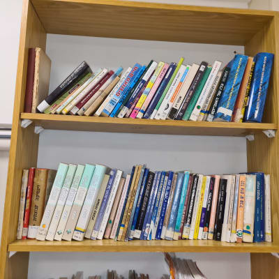 מדף עץ עם ספרים מסודרים בשורות