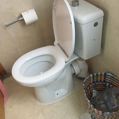 אסלה עם מכסה פתוח ונייר טואלט על הקיר