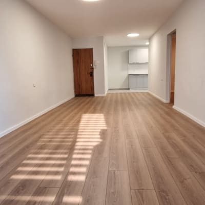 רצפת עץ חדשה, קירות צבועים, תאורה מותקנת