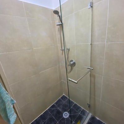 מקלחת עם דלת זכוכית, ראש מקלחת וקיר אריחים