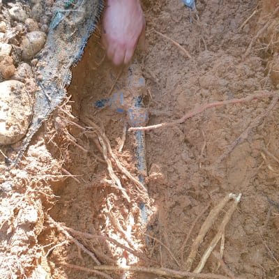 יד חופרת באדמה ליד צינור וכלי עבודה
