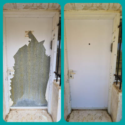 דלת לפני ואחרי ציפוי מחדש עם חומר לבן