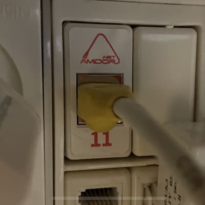 כבל רשת צהוב מחובר לשקע עם מספר 11