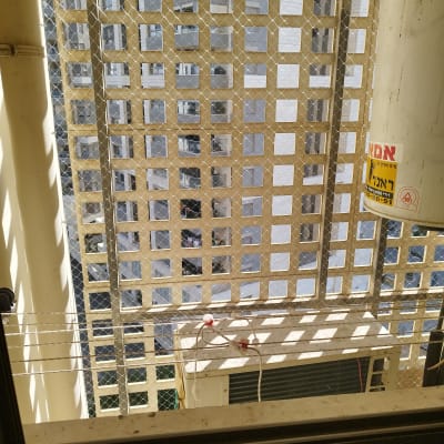 רשת מתכת על חלון למניעת כניסת יונים