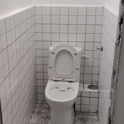 אסלה בחדר שירותים עם קירות מרוצפים ורצפה מעוטרת