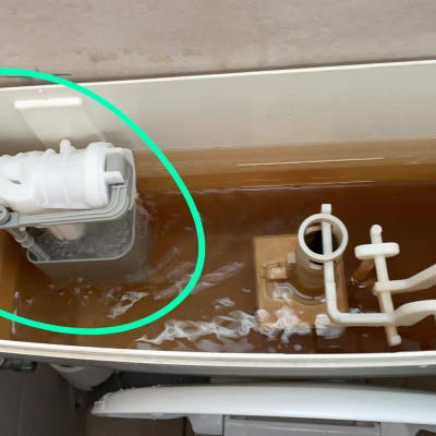 מיכל הדחה עם מנגנון פלסטיק לבן ומים חומים