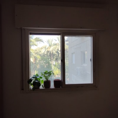 חלון עם תריסים סגורים חלקית, עציצים על אדן החלון