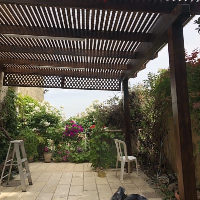 פרגולה מעץ עם סולם וכיסא בגינה