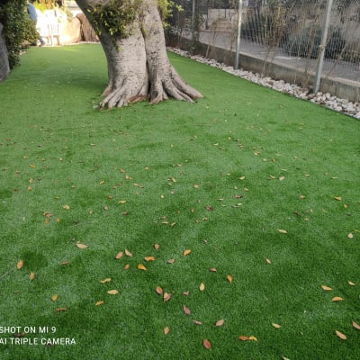 דשא סינתטי עם עלים ועץ גדול במרכז