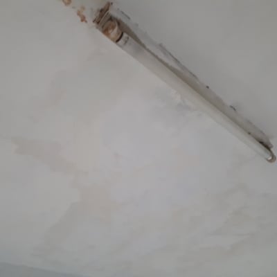 תקרה צבועה עם סימני רטיבות ונורה פלורסנטית