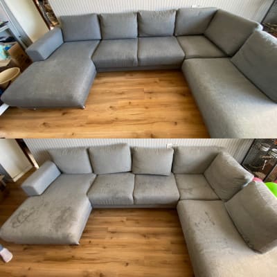 ספה אפורה עם כתמים לפני ואחרי ניקוי