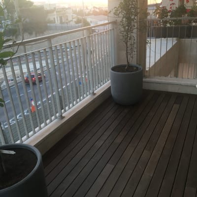 מרפסת עם רצפת עץ ועציצים גדולים