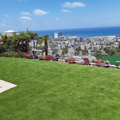 דשא ירוק, פרחים צבעוניים, גדר עץ, נוף לים