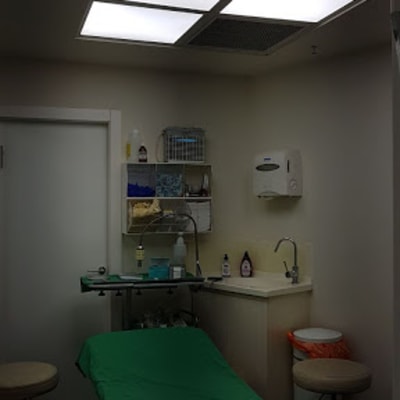 חדר עם תאורה תקרה, כיור ומיטה רפואית