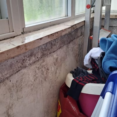 חלון עם אדים, סולם מתכת, קיר לח