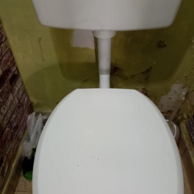 אסלה לבנה עם מיכל הדחה על קיר ירוק