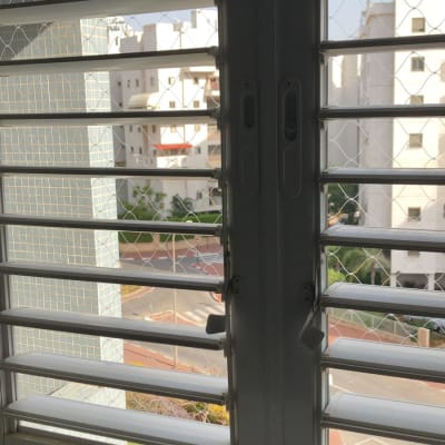 חלון עם תריסים ורשת למניעת כניסת יונים