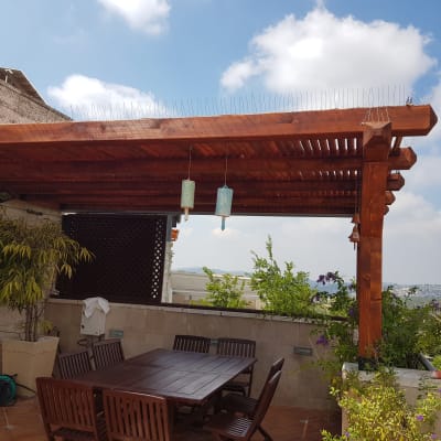 פרגולה מעץ עם קישוטים תלויים וצמחים מסביב