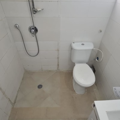 מקלחת עם ראש טוש, אסלה וצינור מים