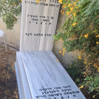 מצבות שיש עם כיתוב בעברית ופרחים צהובים
