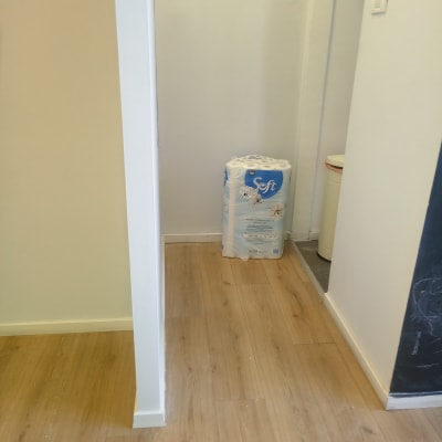 חבילת נייר טואלט על רצפת פרקט ליד קיר לבן