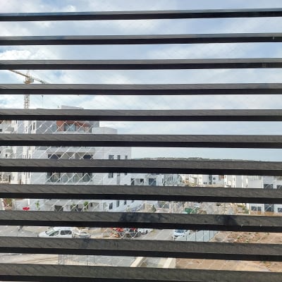 רשת נגד יונים על חלון עם נוף עירוני