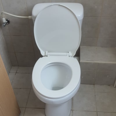 אסלה לבנה עם מכסה פתוח בחדר אמבטיה