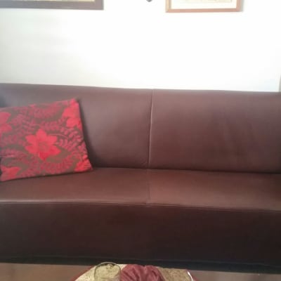 ספה חומה עם כרית אדומה מעוטרת