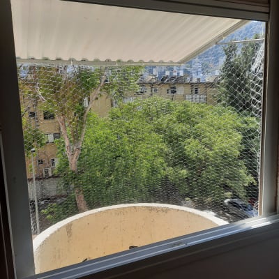 A white awning extends over a window with a net.