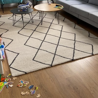 שטיח עם דוגמת קווים שחורים על רצפת עץ