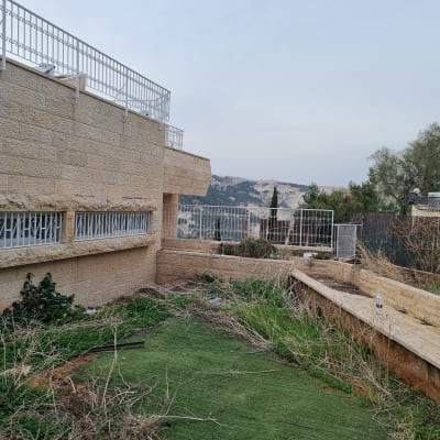 חצר עם עשבים יבשים, קיר אבן וגדר מתכת