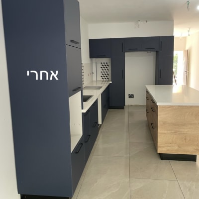 מטבח נקי עם ארונות כחולים ומשטח עבודה לבן