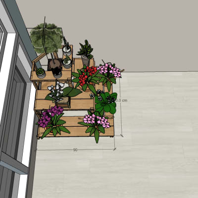 מדף עץ עם עציצים ופרחים צבעוניים