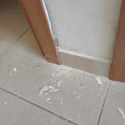 שאריות צבע מתקלפות על הרצפה ליד הקיר