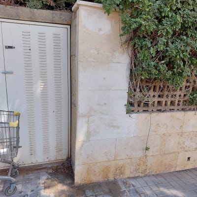 קיר אבן עם סימני רטיבות ושער מתכת